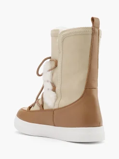 Beige and Brown Fur Trimmed High Leg Boot with Contrasting Lace