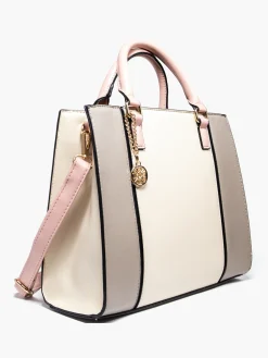 Beige and Pink Striped Panel Bag