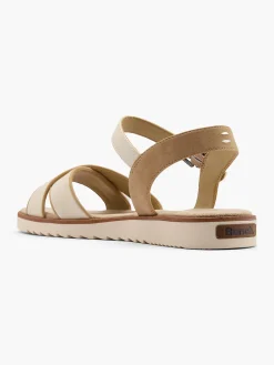 Beige Cross Strap Sandal with Ankle Strap and Buckle Detail