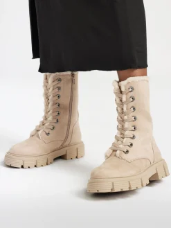 Beige Faux Fur Lined Lace Up Boot