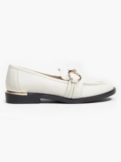 Beige Flat Loafer with Metal Heel Detail and Trim