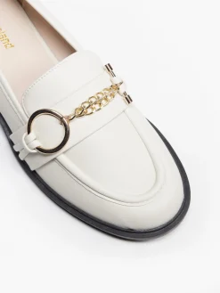 Beige Flat Loafer with Metal Heel Detail and Trim