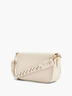 Beige Handbag with Metallic Trim and Braided Strap