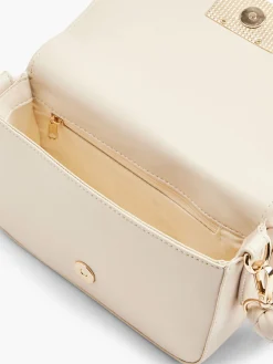 Beige Handbag with Metallic Trim and Braided Strap