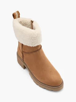 Beige Heeled Fleece Collared Ankle Boot