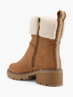 Beige Heeled Fleece Collared Ankle Boot