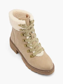 Beige Lace Up Fleece Collared Hiker Boot