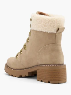 Beige Lace Up Fleece Collared Hiker Boot