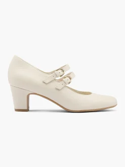 Beige Leather Double Strapped Heeled Court Shoe