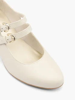 Beige Leather Double Strapped Heeled Court Shoe