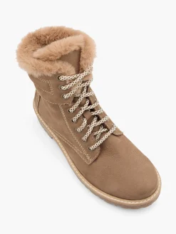 Beige Leather Faux Fur Lined Lace Up Ankle Boot