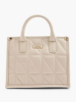Beige Quilted Tote Bag with Adjustable Shoulder Strap