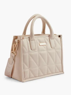 Beige Quilted Tote Bag with Adjustable Shoulder Strap