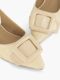 Beige Raffia Slingback Ballerina with Buckle Detail
