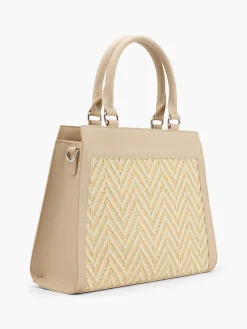 Beige Textiled Panelled Tote Bag