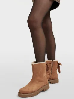 Beige Tie Back Detail Fur Lined Ankle Boot