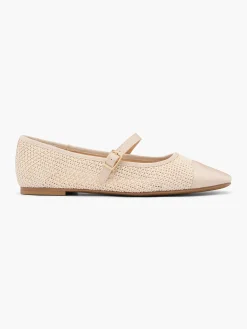 Beige Woven Buckle Strapped Ballerina