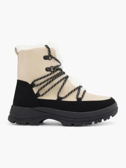 Black and Beige Fur Trimmed Boot with Contrasting Shoe Laces