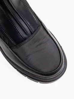 Black Ankle Boot with Front Zip Detail and Quilted Panelling