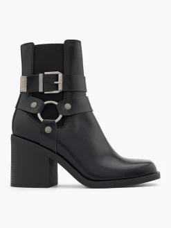 Black Block Heeled Biker Boot with Metallic Details