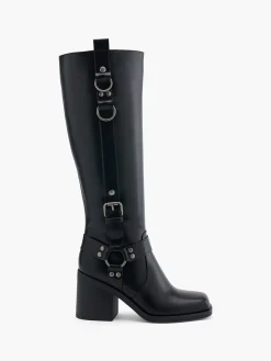 Black Block Heeled Long Leg Boot with Metallic Details