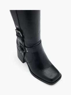 Black Block Heeled Long Leg Boot with Metallic Details