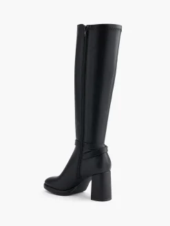 Black Block Heeled Long Leg Boot with Buckle Detail