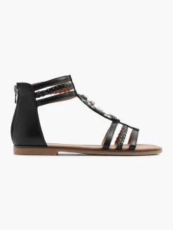 Black Braided Sandal with Ankle Strap and Gem Detail