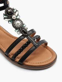Black Braided Sandal with Ankle Strap and Gem Detail