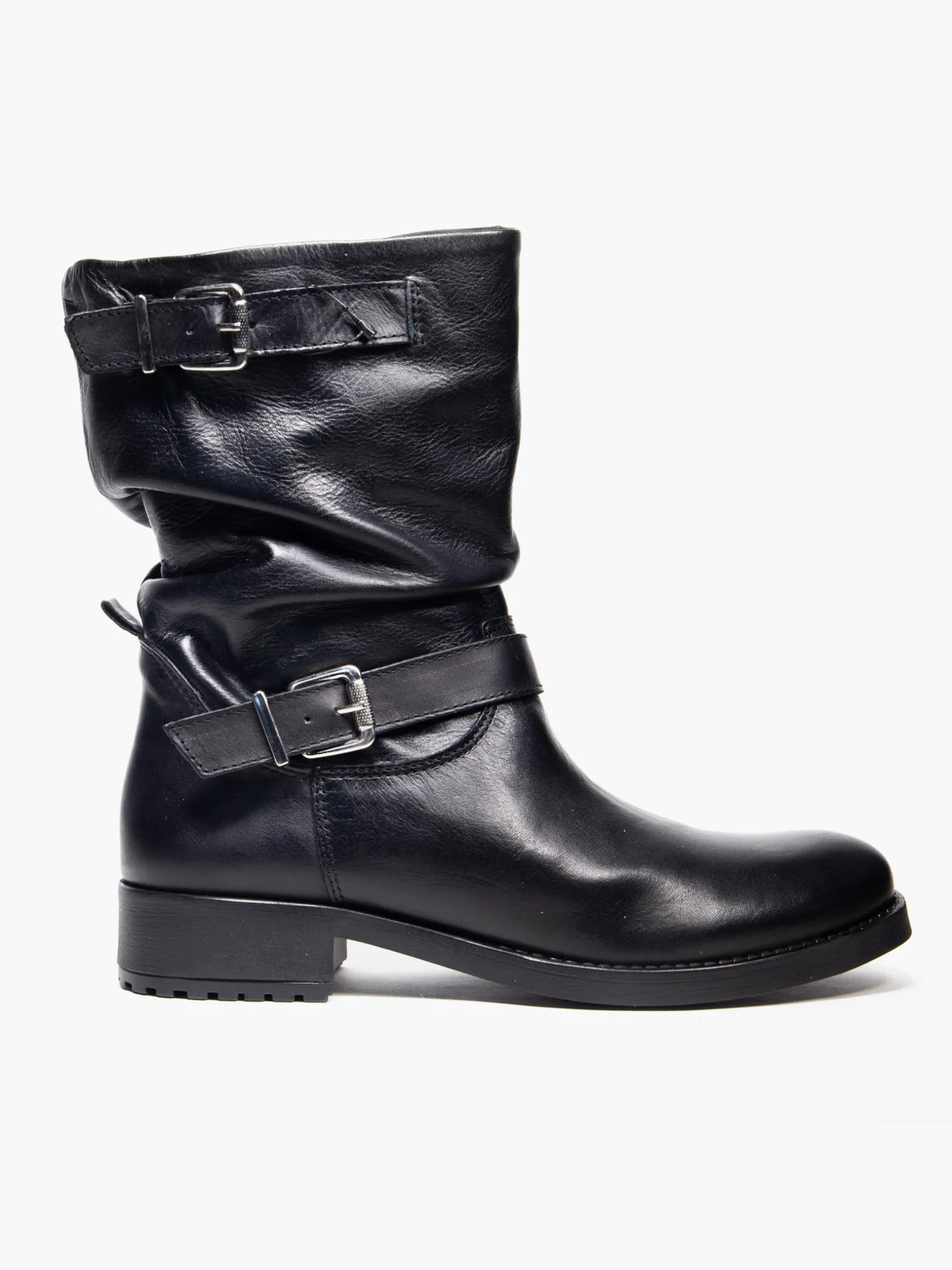 Black Buckle Detail Leather Boots