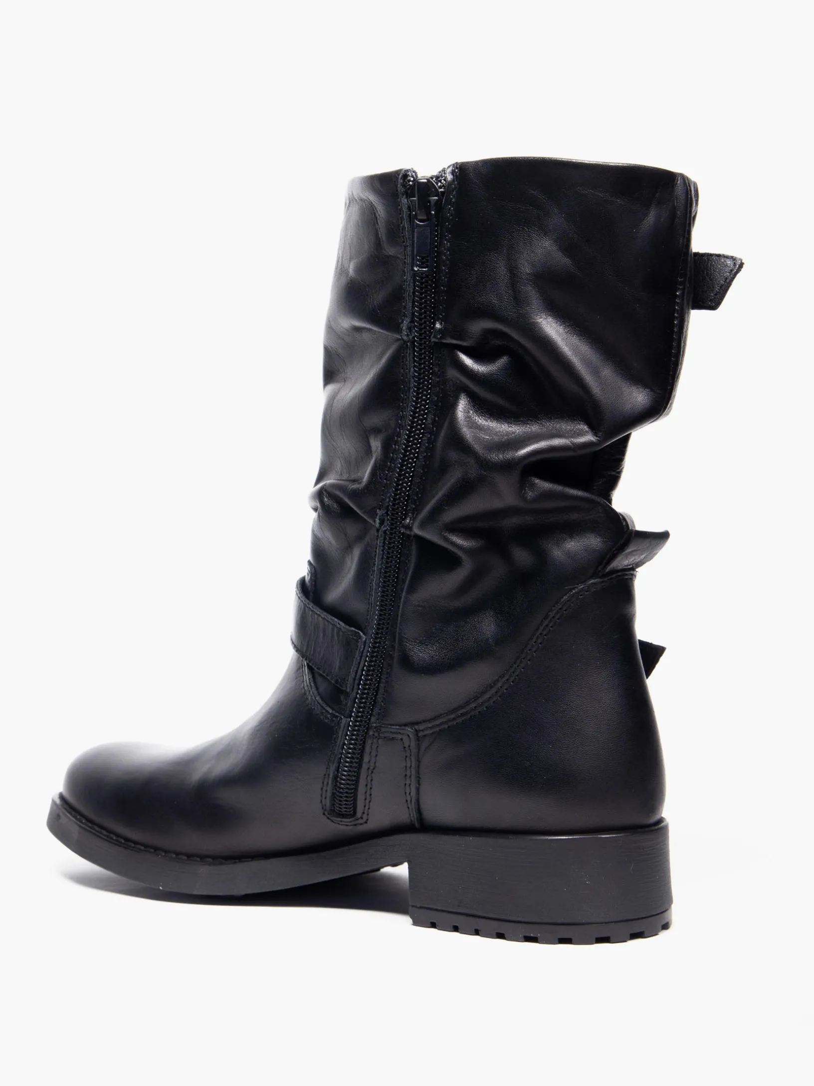 Black Buckle Detail Leather Boots