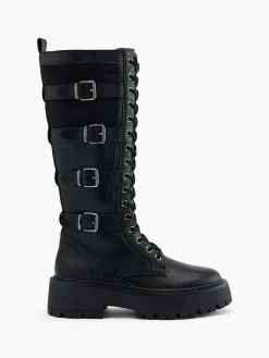 Black Buckled Long Leg Lace Up Boot