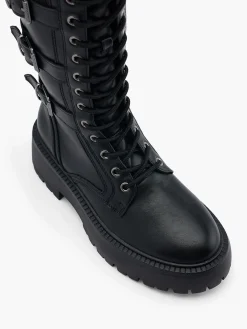 Black Buckled Long Leg Lace Up Boot