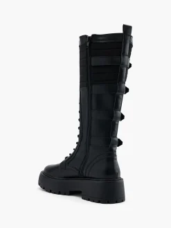 Black Buckled Long Leg Lace Up Boot