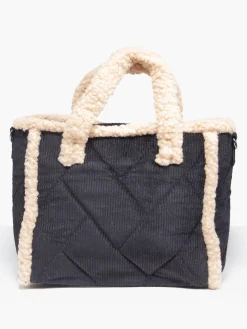 Black Chord Quilted Borg Trimmed Tote Bag