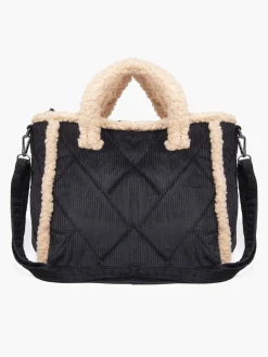 Black Chord Quilted Borg Trimmed Tote Bag