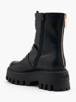 Black Chunky Biker Boot with Buckle Details