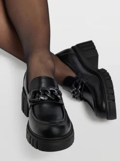 Black Chunky Heeled Loafer with Chain Detail