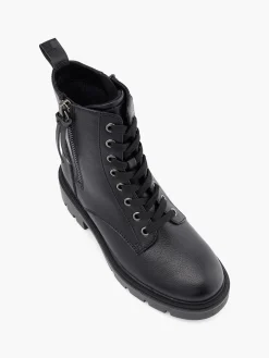 Black Chunky Lace Up Biker Boot With Zipper Detail