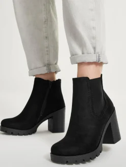 Black Chunky Suede Heeled Chelsea Boot