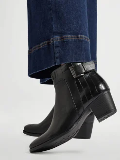 Black Croc Panel Ankle Boot with Buckle Detailing
