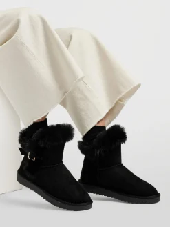 Black Faux Fur Ankle Boot with Buckle Detail