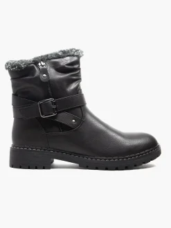 Black Faux Fur Lined Ankle Boot with Buckle Detail