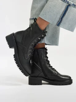 Black Faux Fur Lined Boot With Wrap Around Laces