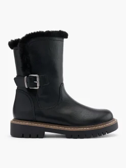 Black Faux Fur Lined Buckled Ankle Boot