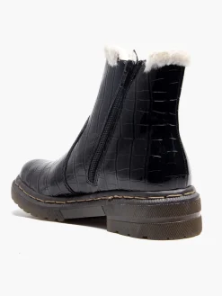 Black Faux Fur Lined Patent Chelsea Boot