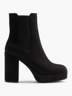Black Faux Suede Platform Heeled Chelsea Boot