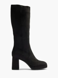 Black Faux Suede Platform Heeled Long Leg Boot