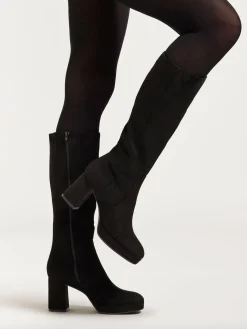 Black Faux Suede Platform Heeled Long Leg Boot