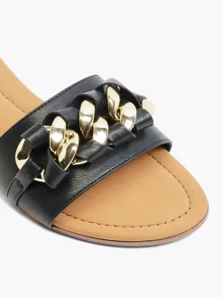 Black Flat Sandal with Chain Detail